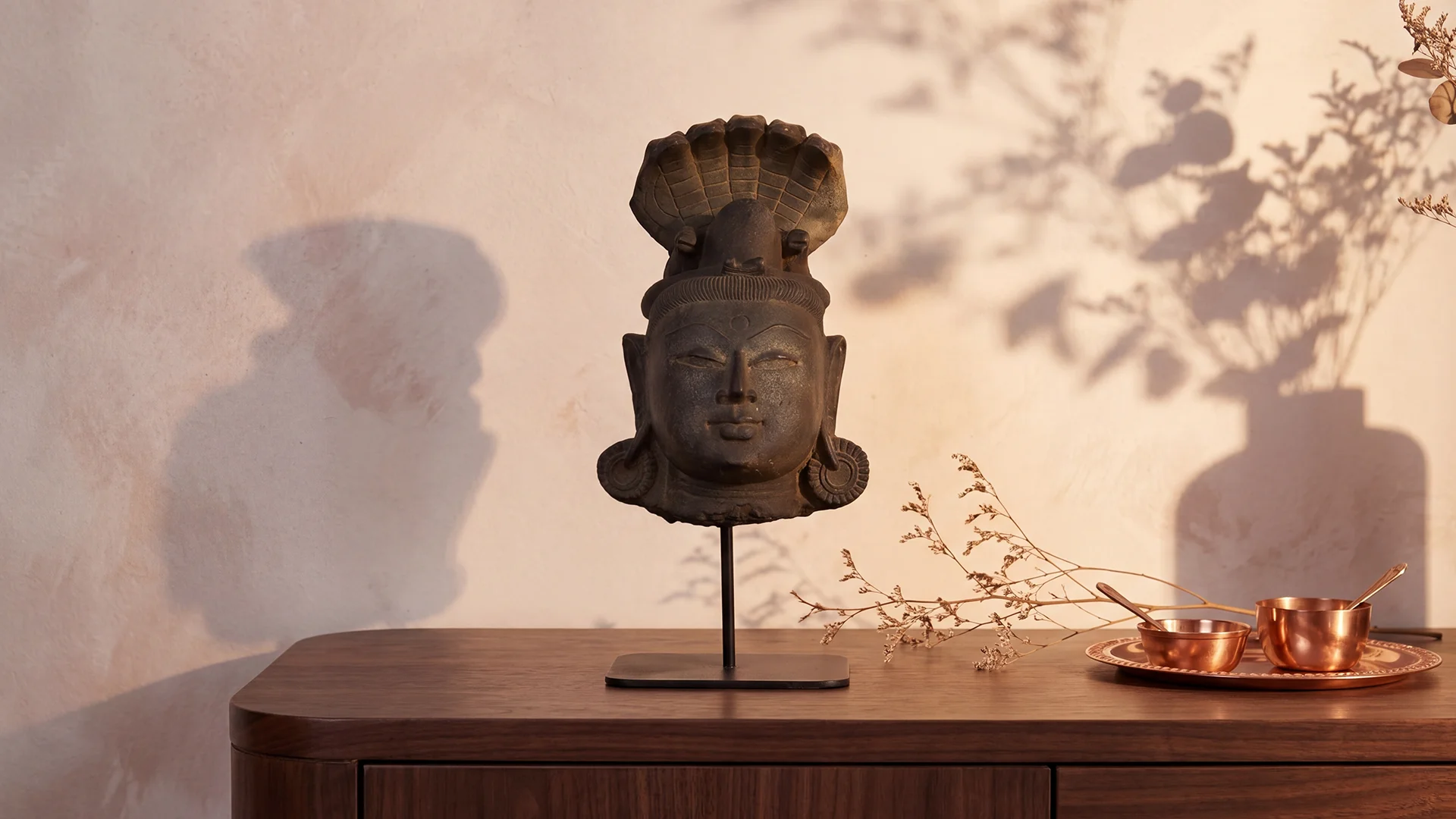 Museum-authenticated Mukhalinga Shiva Lingam with Nandi and serpent, handcrafted in stone composite.