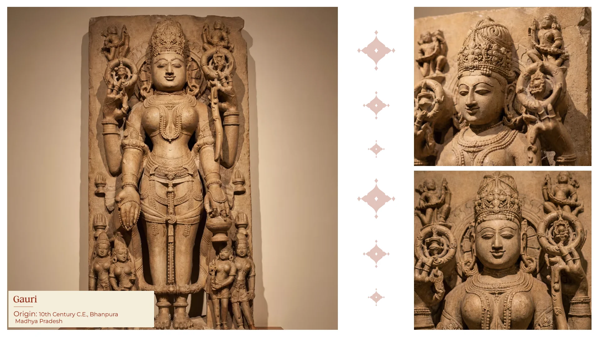 Gauri sculpture replica with intricate ancient Indian stone carvings