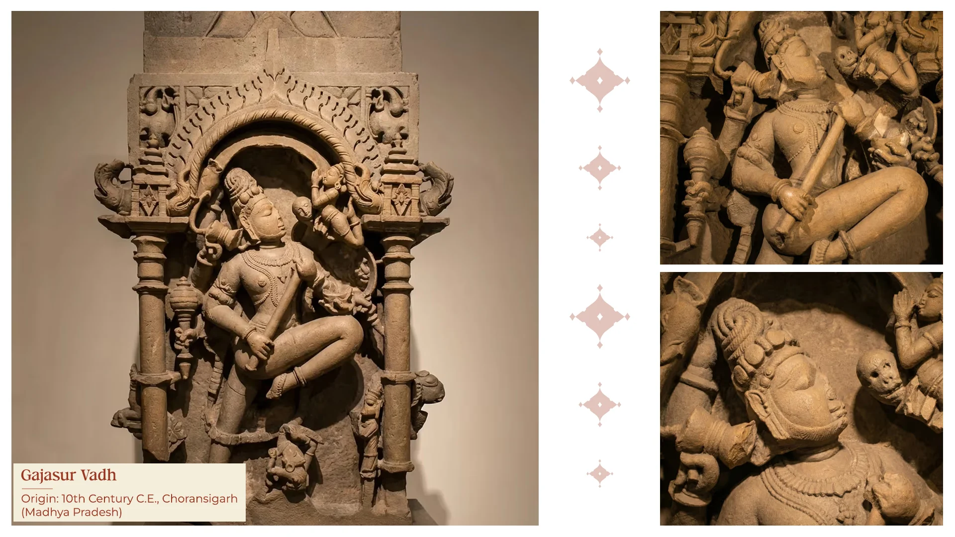 Gajasura Vadha terracotta-style relief displayed on a wooden base