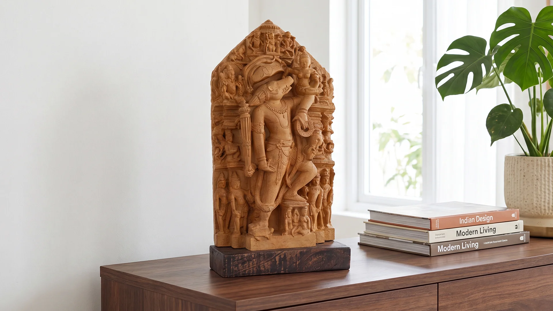 Nar Varaha relief sculpture replica, Vishnu’s boar avatar holding Bhudevi, on a wooden base beside books and a plant