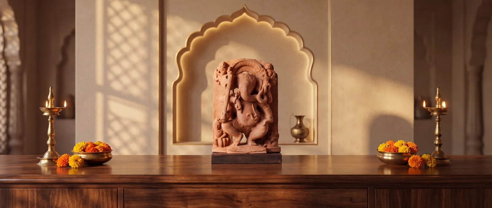 Heritage Indian statue with festive flowers and lamps in a Diwali interior