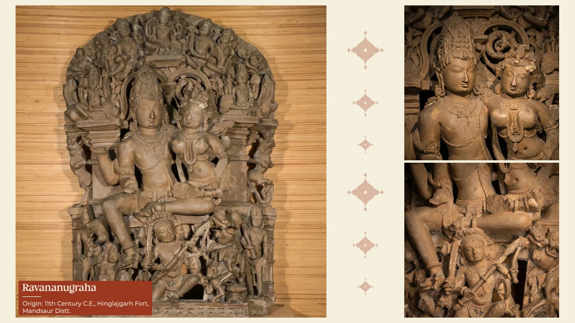 Ravananugraha sculpture showing Ravana lifting Mount Kailash beneath Shiva