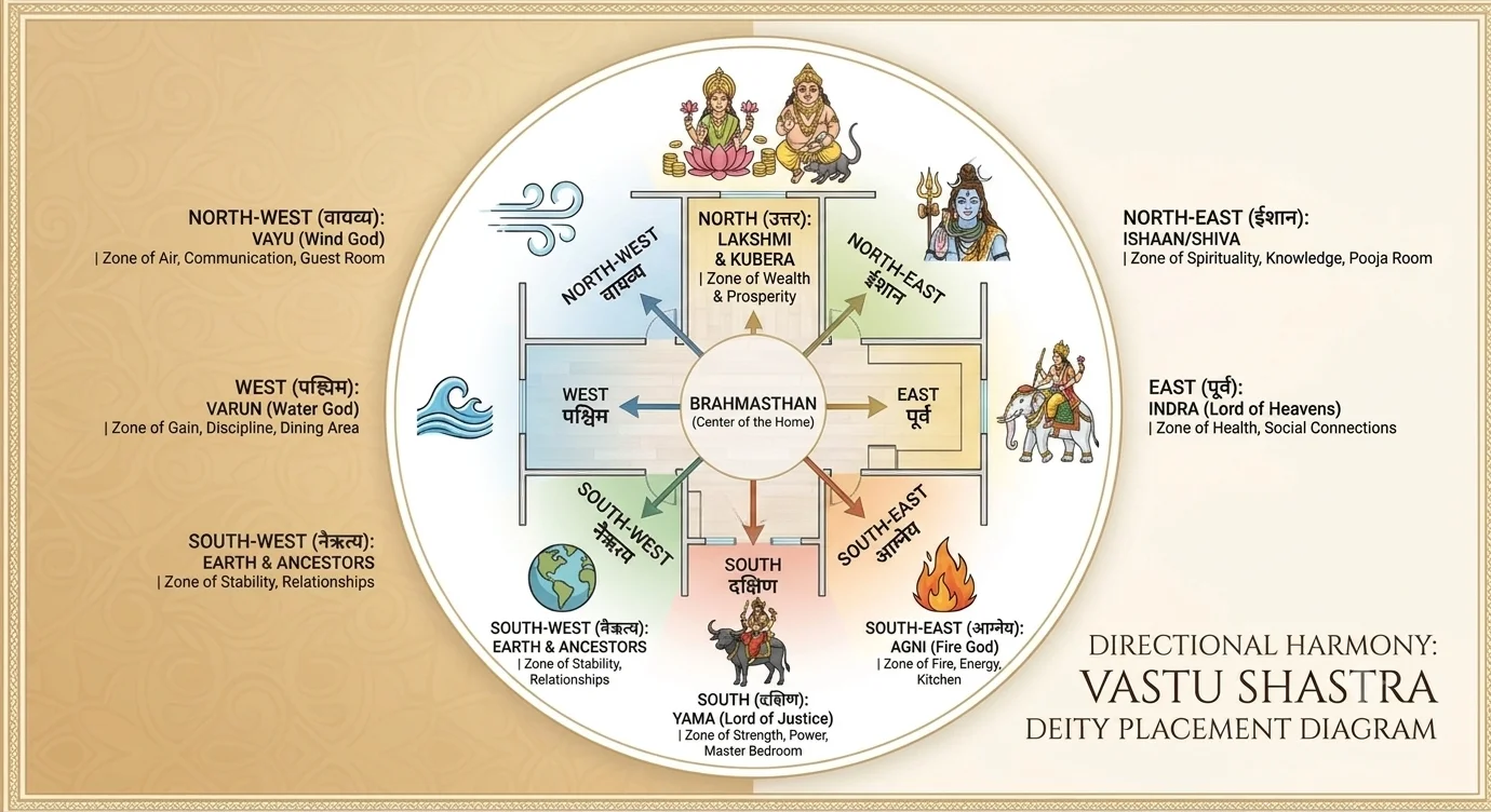 Vastu Shastra directional harmony diagram showing the eight cardinal directions, associated deities, elements, and recommended zones within a home, with Brahmasthan at the center.